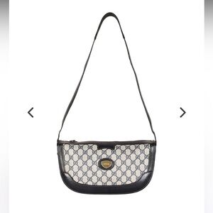 Gucci Vintage 1970s Navy Blue Monogram Coated Canvas Leather Shoulder Bag